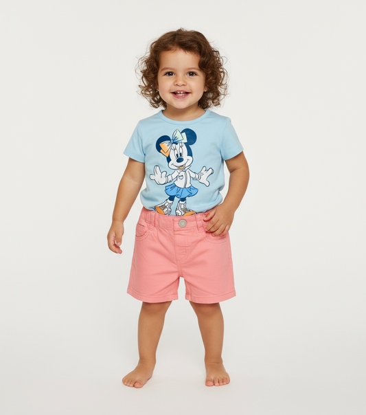 Set conjunto 2 piezas camisa azul cielo short rosado Minnie bebe niña D9-MI-1312B promo 2x1000
