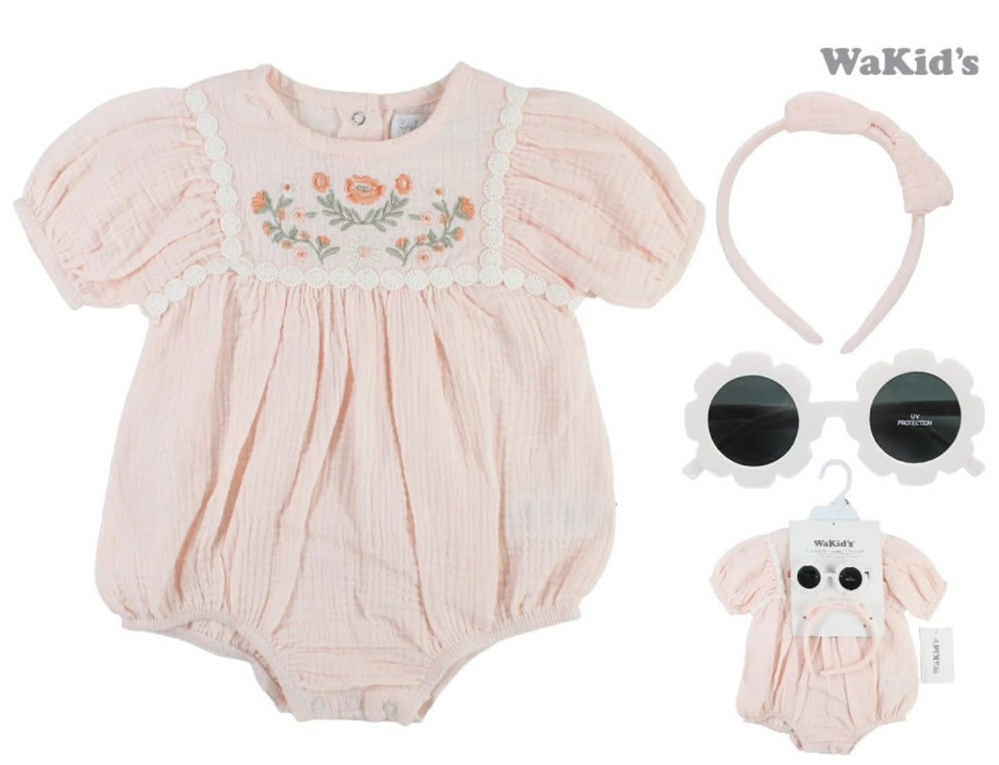 Set 3 piezas mameluco rosado flores diadema lentes bebe niña wakids