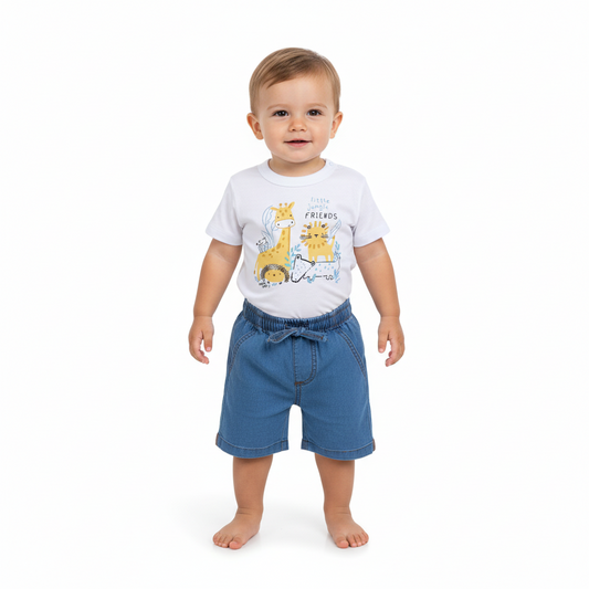 Set 2 piezas bebe niño animales camisa blanca short jeans safari quimby  34213-000101