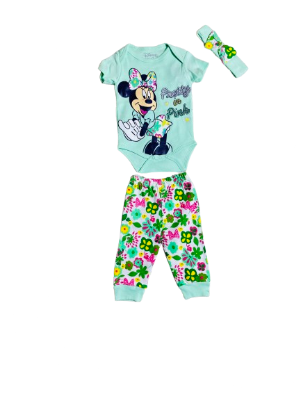Set 3 piezas Mameluco verde flores minnie niña