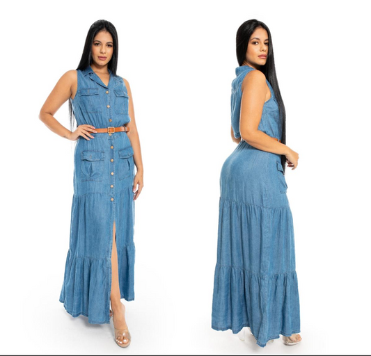 Vestido para dama jeans con faja denim mujer azul claro CVD1183-20 890790 promo 2x1000