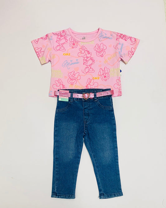 Set conjunto 2 piezas niña Minnie camisa rosada pantalón jeans azul oscuro D9-MI-1324B
