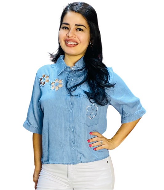 Camisa Blusa Dama azul jeans claro flores CTD1188-14 590490