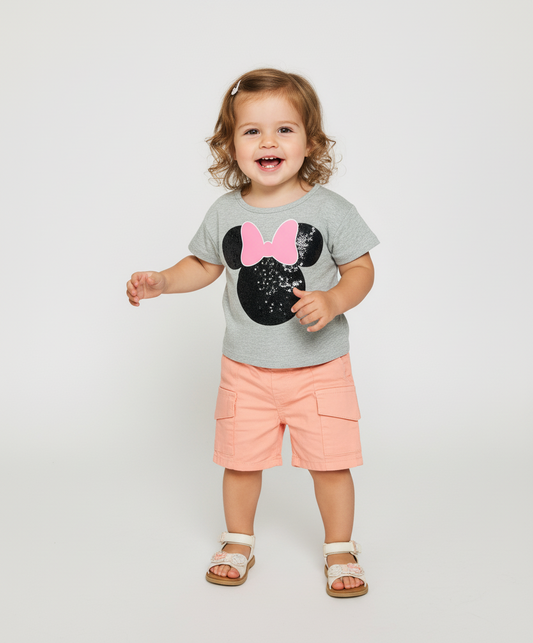 Set conjunto 2 piezas Minnie bebe niña camisa gris short salmón D9-MI-1297B promo 2x1000