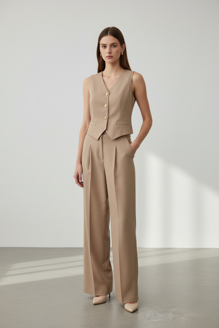 Set conjunto 2 piezas pantalon beige camisa chaleco sz25072059720706998