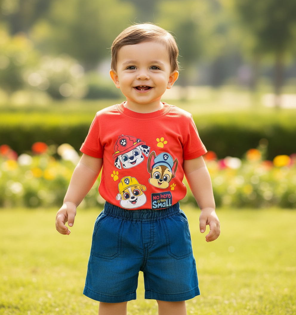 Set conjunto 2 piezas bebe niño camisa roja short azul oscuro Paw Patrol N9-PW-115B promo 2x1000