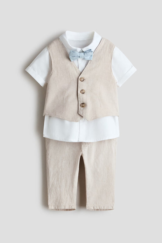 Set 4 piezas formal camisa chaleco corbatin pantalon beige bebe niño H&M 1292410004007