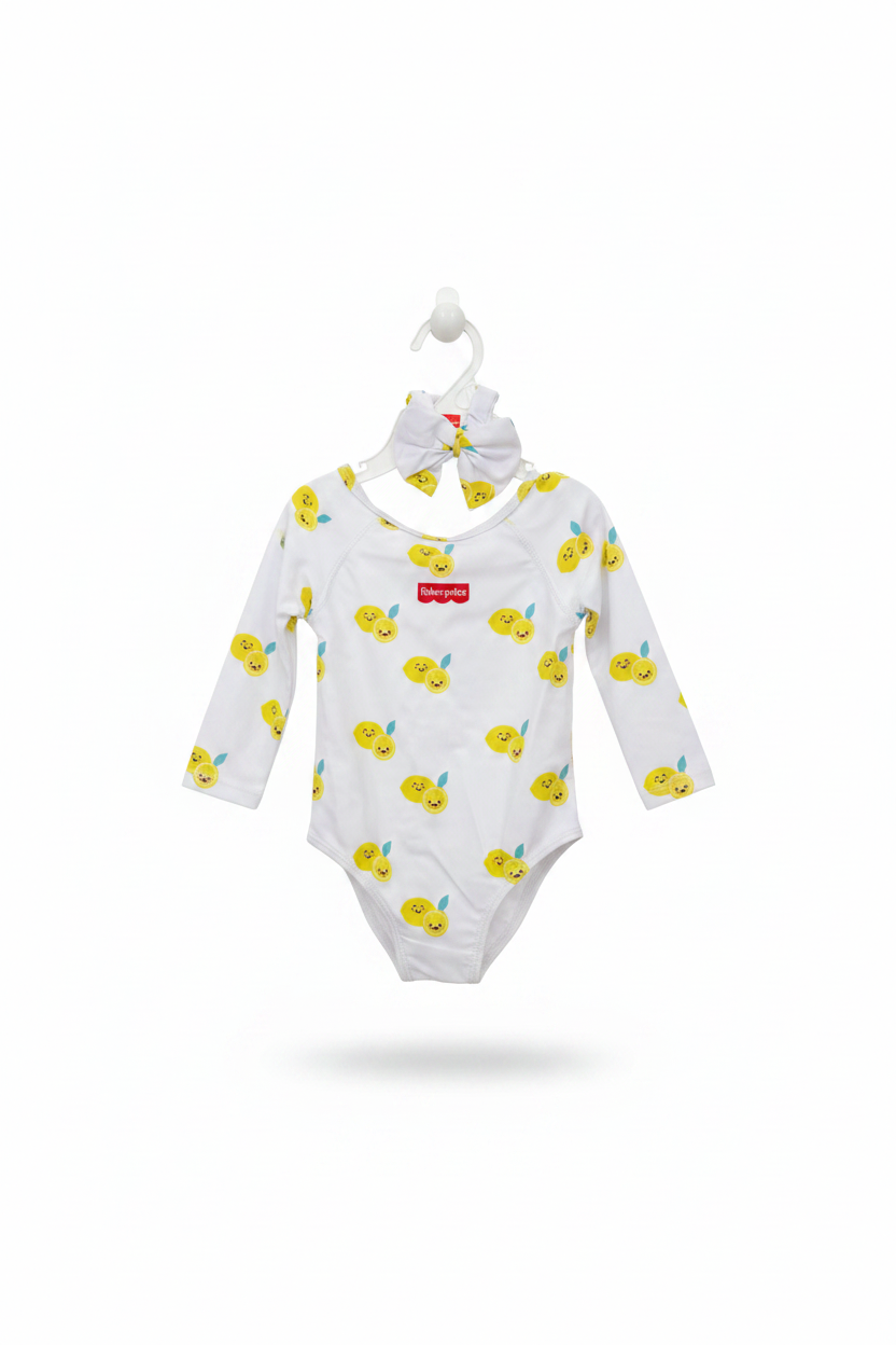 Set conjunto 2 piezas traje de baño blanco limón con chongo cola bebe niña Fisher Price 3178