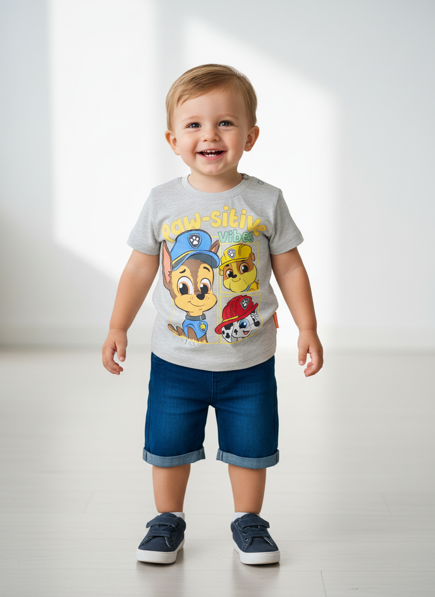 Set conjunto 2 piezas bebe niño camisa gris short azul oscuro Paw Patrol N9-PW-105B promo 2x1000