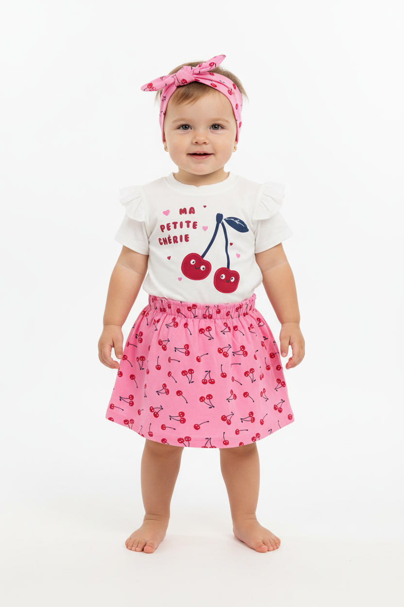 Set 3 piezas cerezas falda short camisa bebe niña promo 2x1000