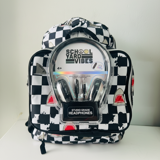 Mochila negra cuadros 3 piezas grande niño audifonos lonchera