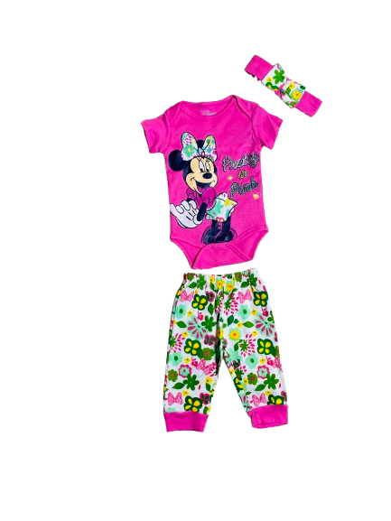 Set 3 piezas Mameluco rosado flores minnie niña
