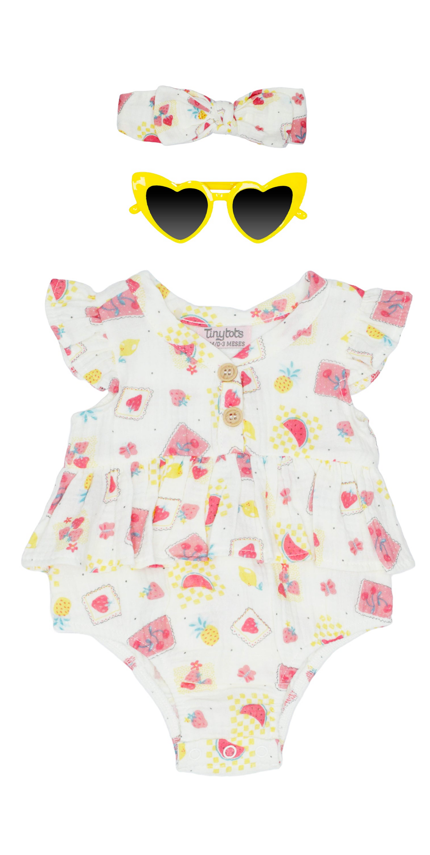 Set 3 piezas mameluco blanco rosado bincha lentes amarillo bebe niña Tinytots AP16045