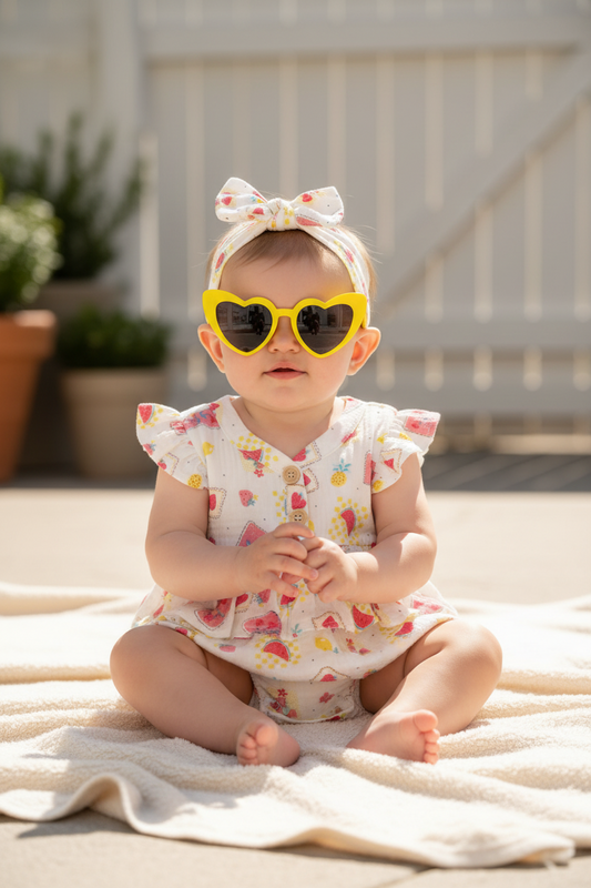 Set 3 piezas mameluco blanco rosado bincha lentes amarillo bebe niña Tinytots AP16045