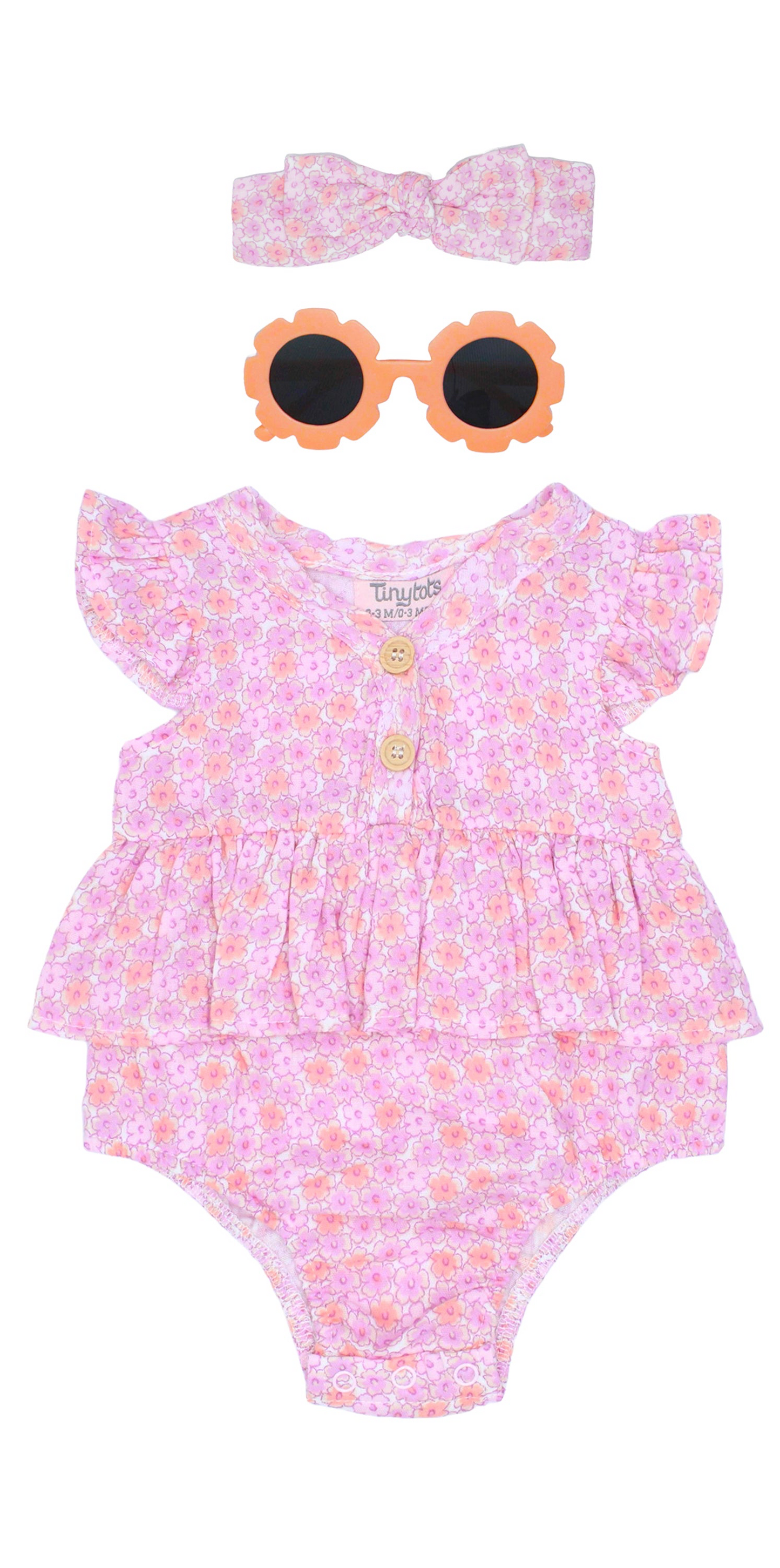Set 3 piezas mameluco rosado bincha lentes naranja bebe niña Tinytots AP16045