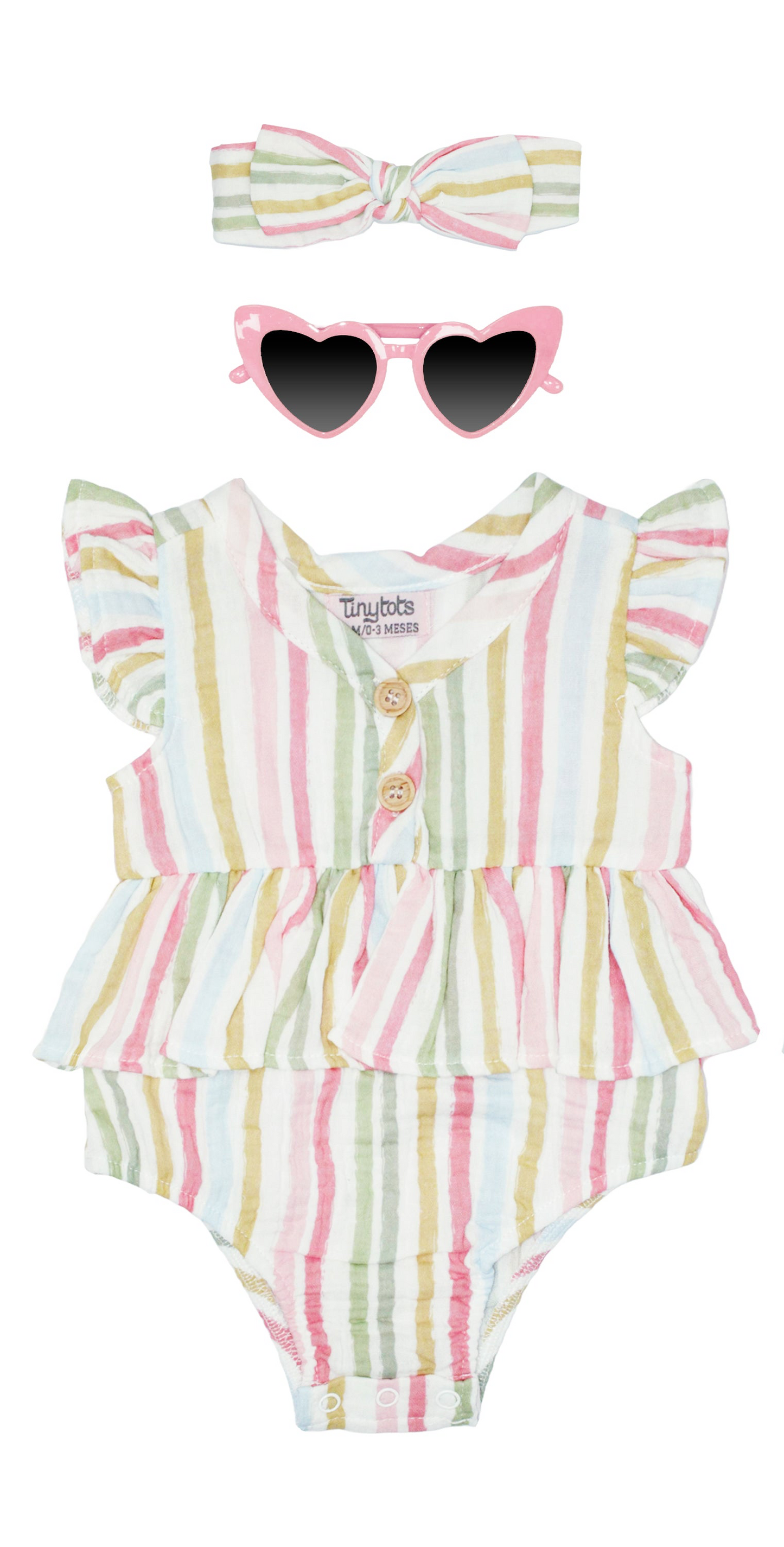 Set 3 piezas mameluco rayas, bincha lentes corazón bebe niña Tinytots AP16046