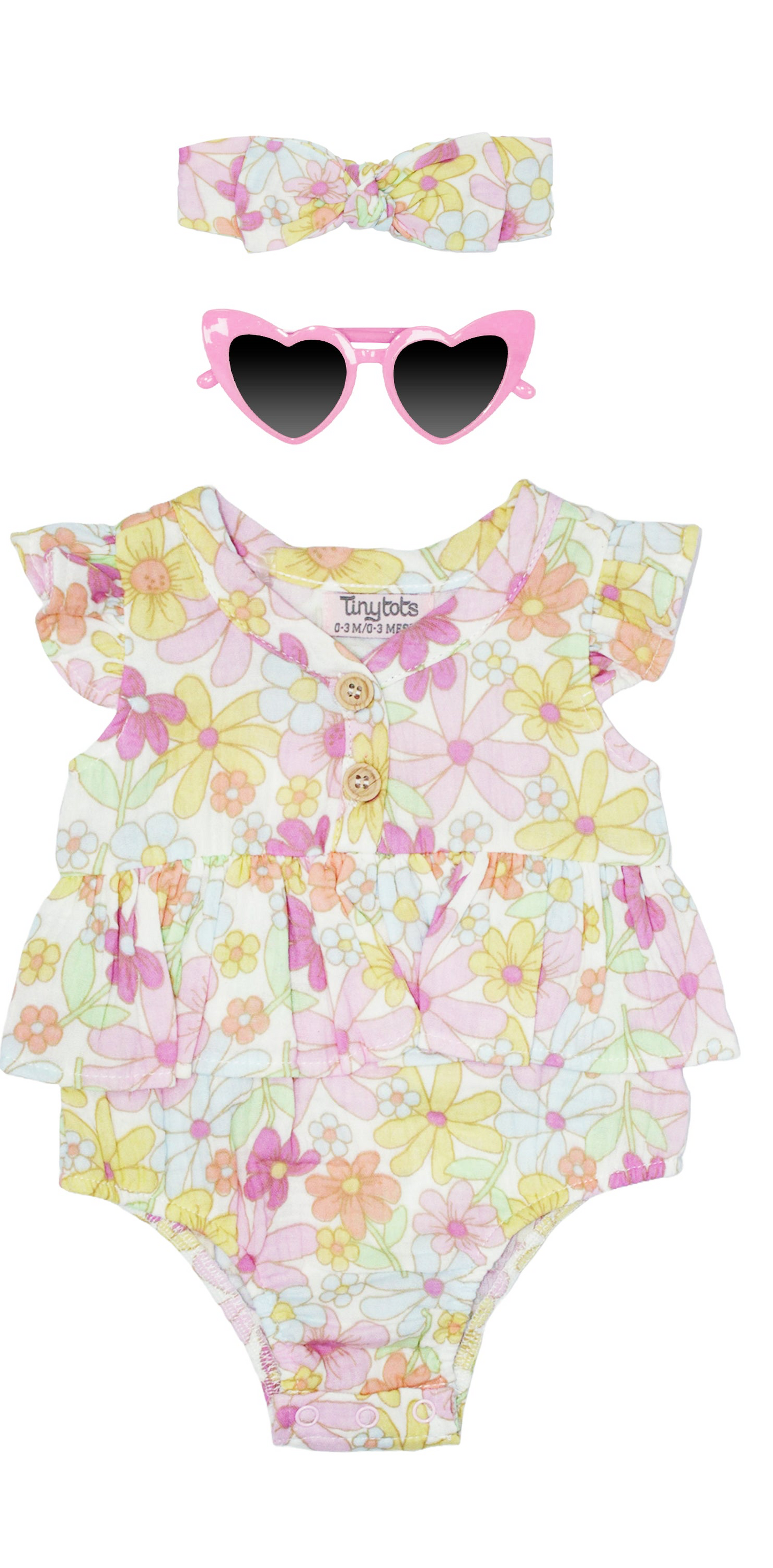 Set 3 piezas mameluco floreado bincha lentes corazón bebe niña Tinytots AP16046