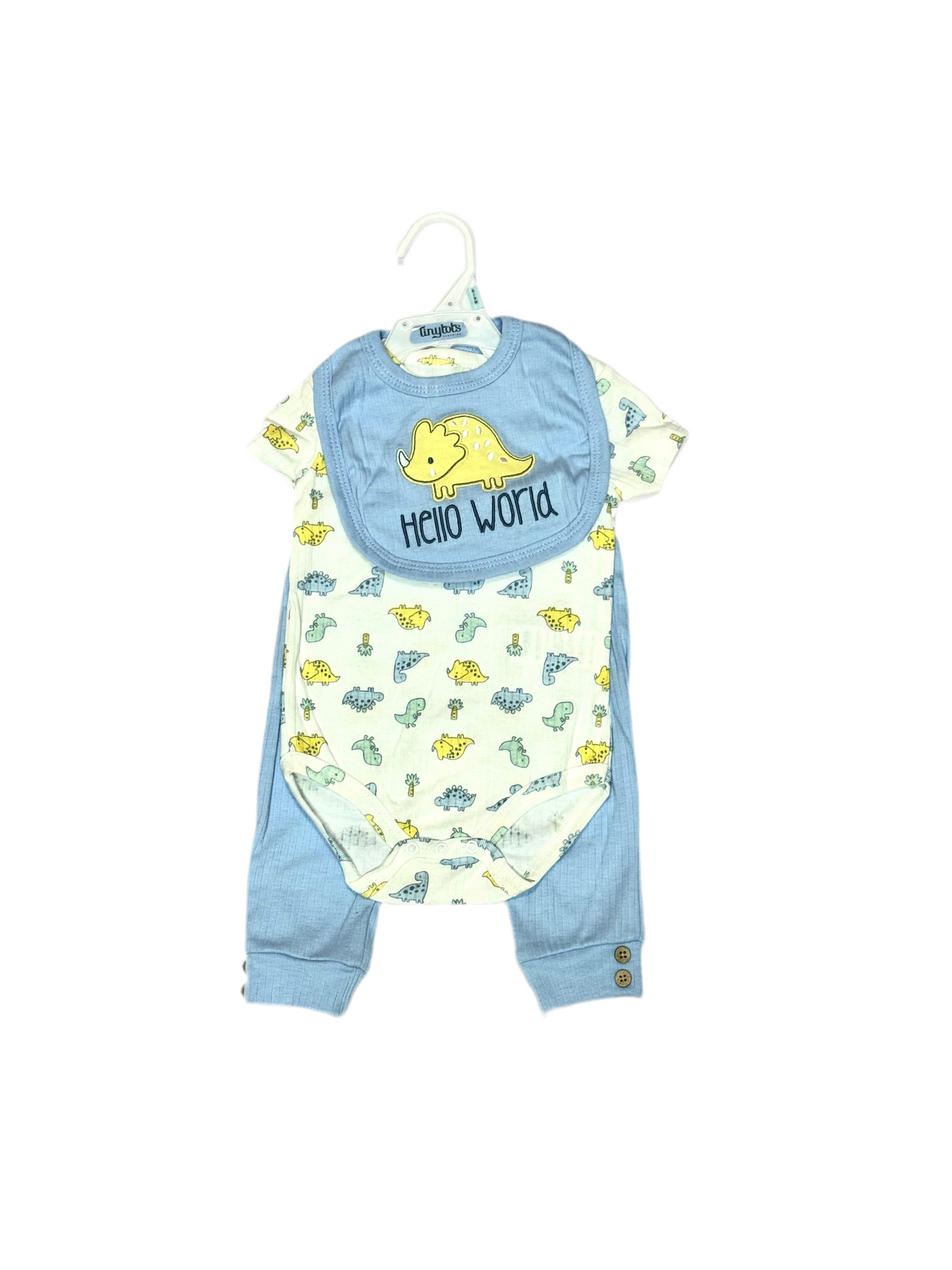 Set 3 piezas mameluco pijama babero azul cielo dinosaurio bebe niño Tinytots D95609TT