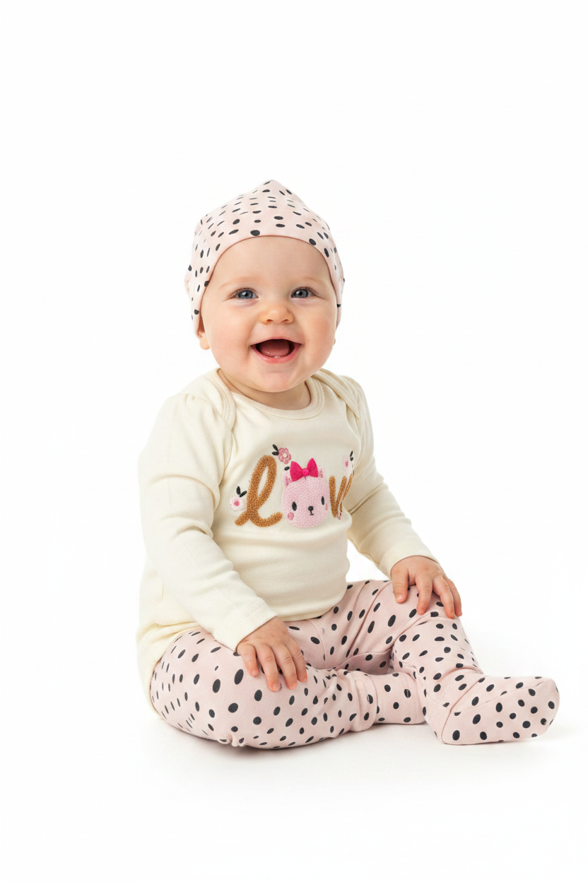 Set 3 piezas gorro mameluco beige pantalon bebe niña Tinytots B146H201GB