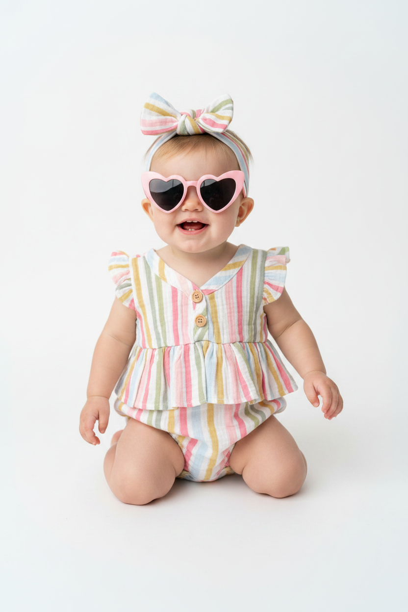 Set 3 piezas mameluco rayas, bincha lentes corazón bebe niña Tinytots AP16046