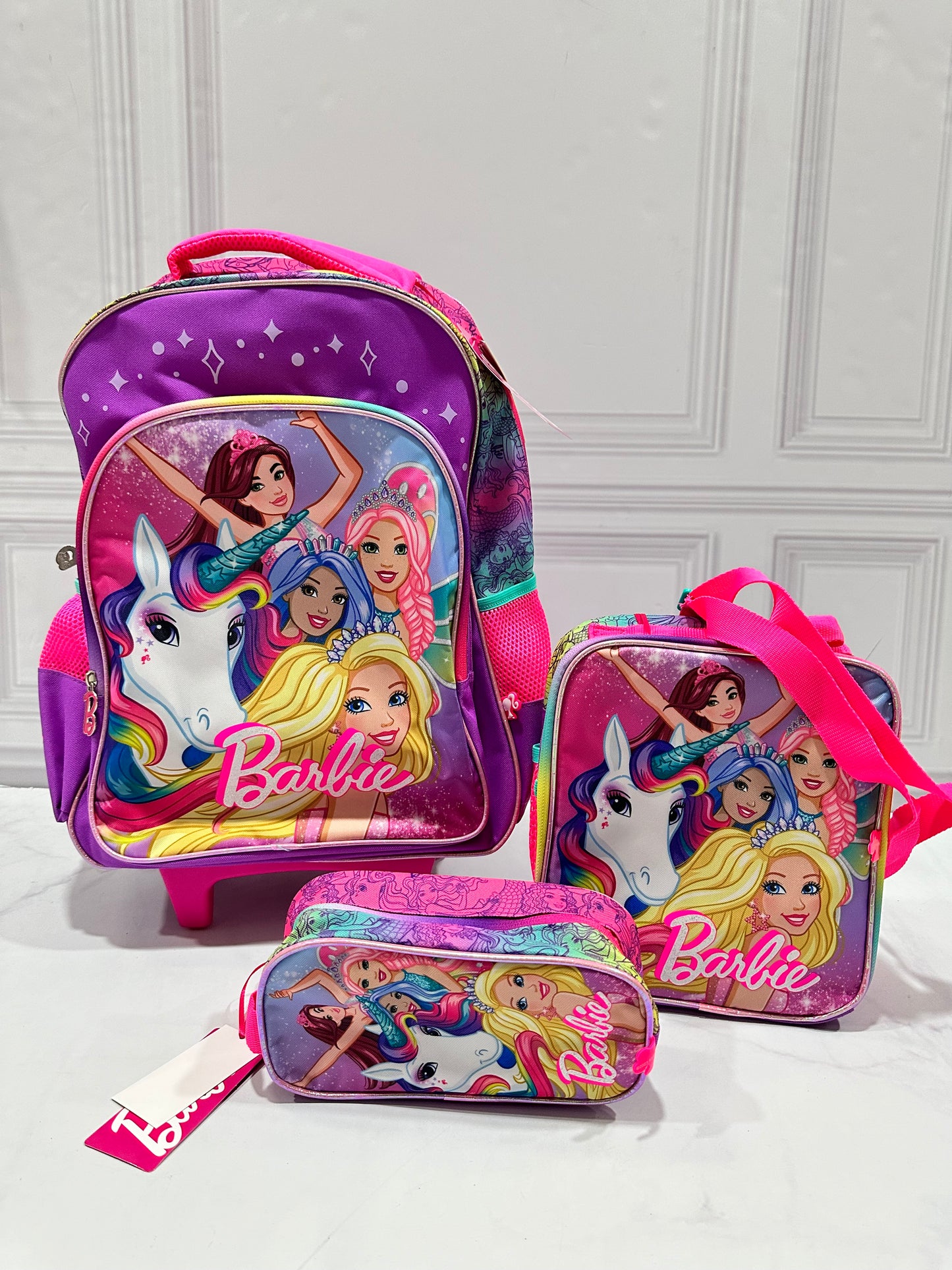 Mochila barbie con ruedas, Lonchera y cartuchera