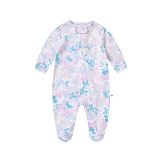 Pijama bebe niña Mameluco largo al pie flores rosadas azul Kobytin