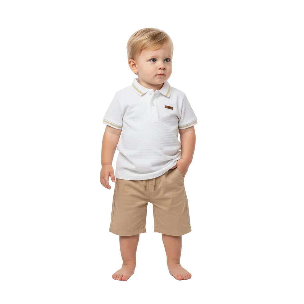 Set 2 piezas bebe niño quimby  34268-000101 camisa polo blanca short beige
