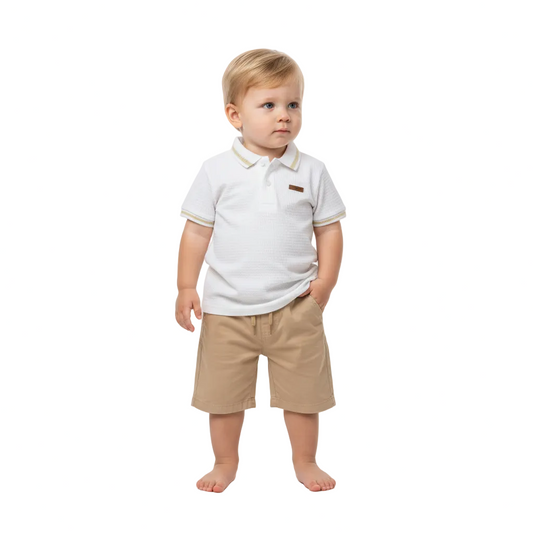 Set 2 piezas bebe niño quimby  34268-000101 camisa polo blanca short beige
