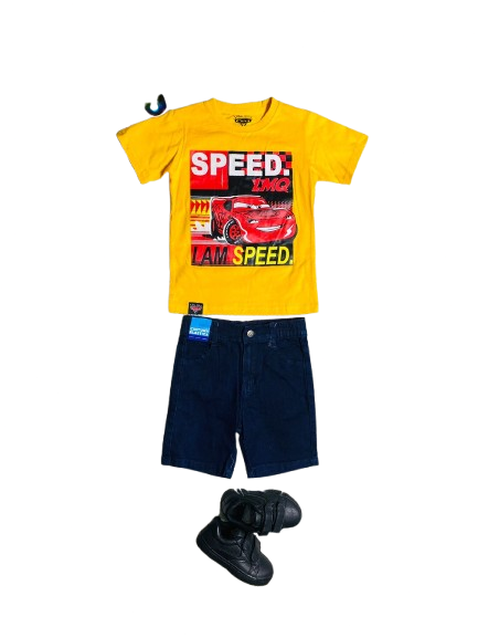 Set 2 piezas cars short  camisa amarilla niño