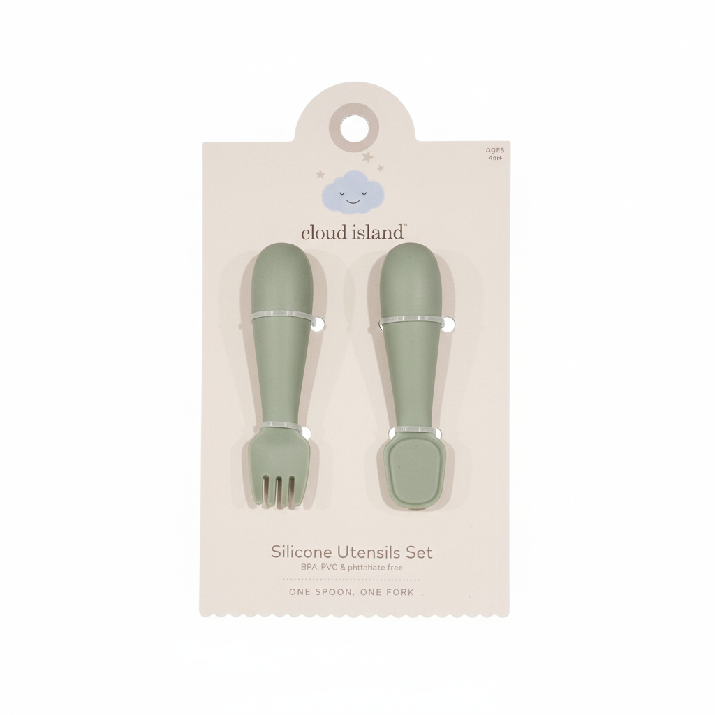 Set cucharas y tenedor cloud island verde bebe niño alimentación