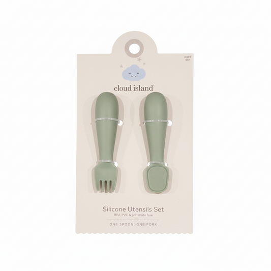 Set cucharas y tenedor cloud island verde bebe niño alimentación