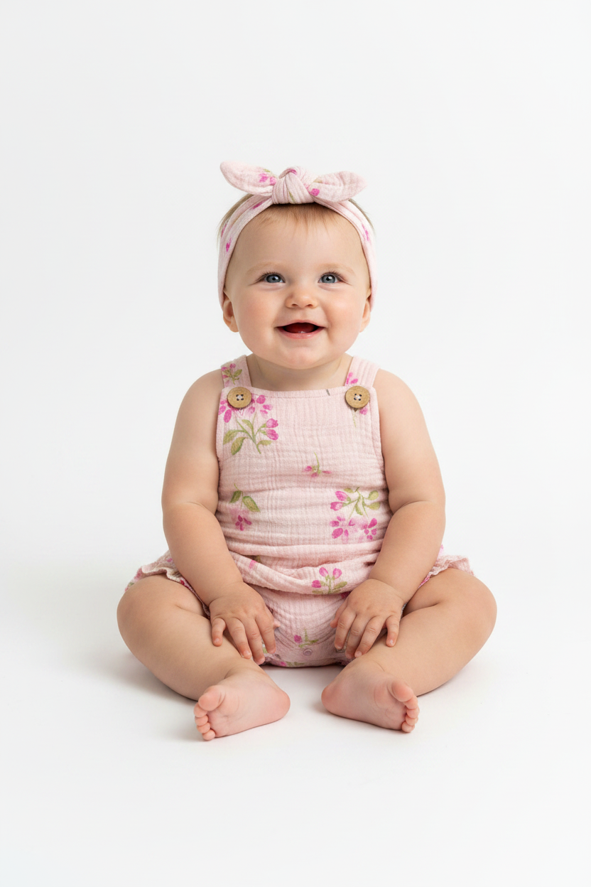 Set conjunto 2 piezas romper overall diadema blanca flores rosadas bebe niña E131J201GB