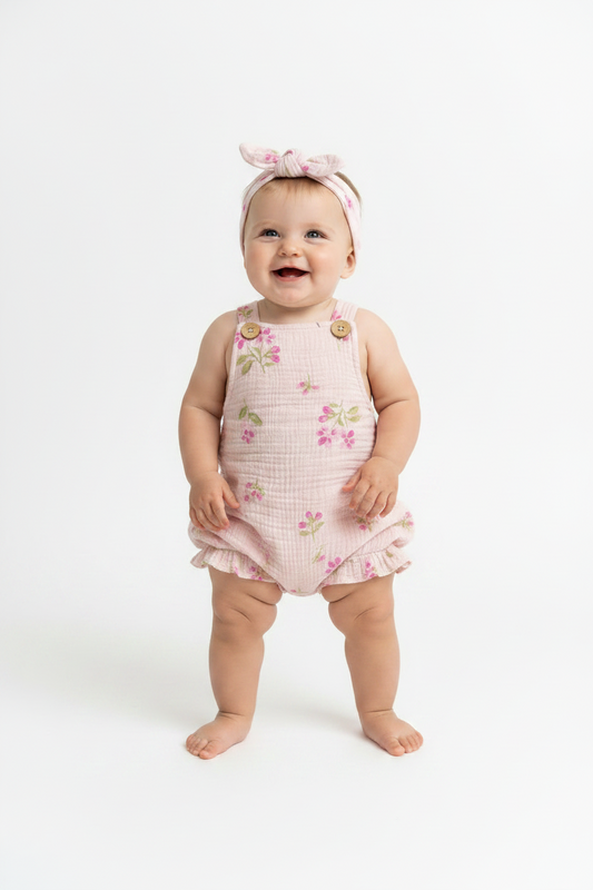 Set conjunto 2 piezas romper overall diadema blanca flores rosadas bebe niña E131J201GB