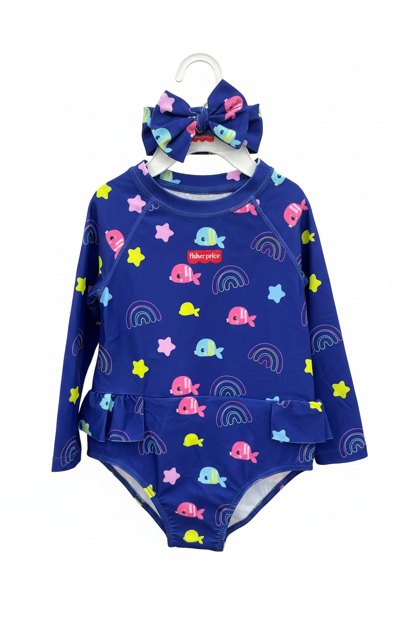 Set conjunto 2 piezas traje de baño chongo cola azul bebe niña Fisher Price 3178