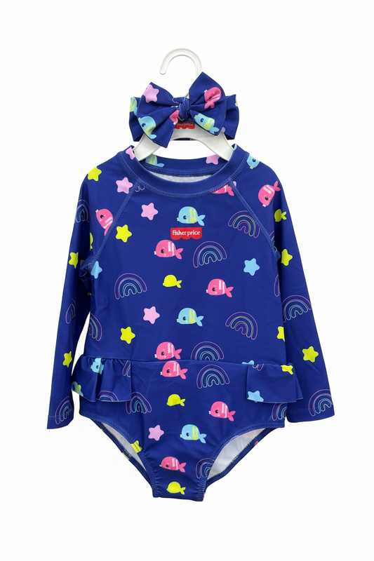 Set conjunto 2 piezas traje de baño chongo cola azul bebe niña Fisher Price 3178