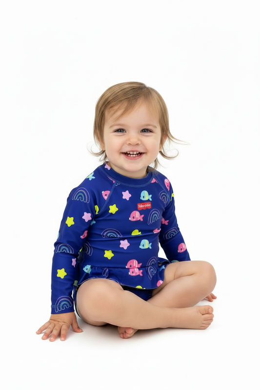 Set conjunto 2 piezas traje de baño chongo cola azul bebe niña Fisher Price 3178