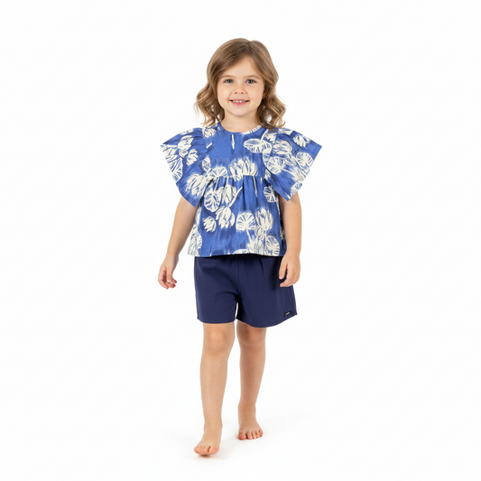 Set 2 piezas niña quimby short azul camisa flores 34160-FLO980 revuelos