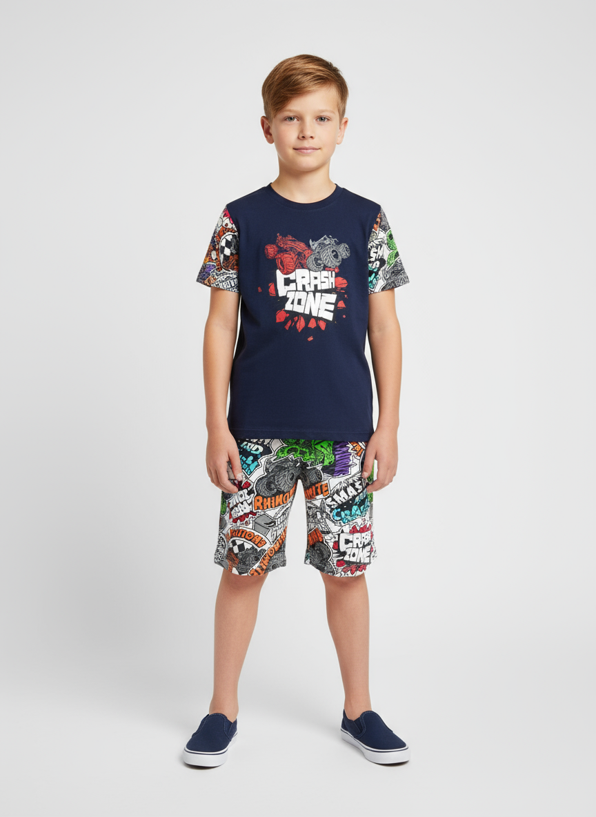 Pijama azul oscuro short multicolor Hotwheels niño Disney HW-91372