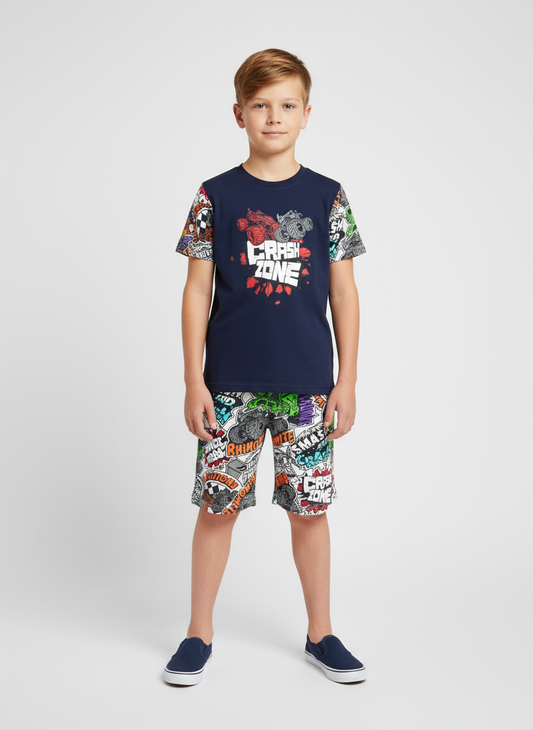 Pijama azul oscuro short multicolor Hotwheels niño Disney HW-91372