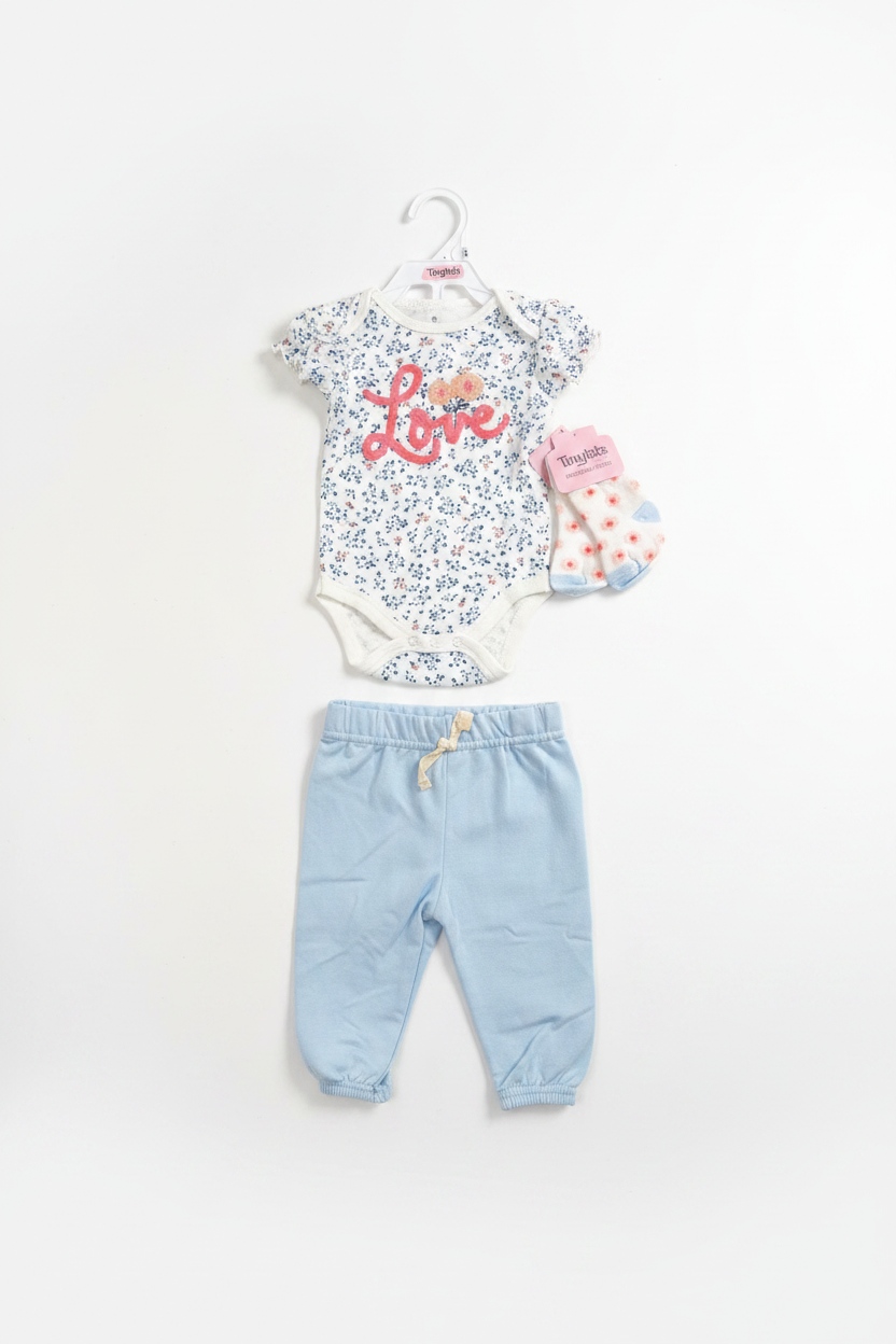 Set 3 piezas mameluco pantalón azul calcetines bebe niña Tinytots B148J201GB