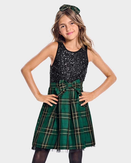 Vestido niña Childrens Place verde cuadros lentejuelas 06262000
