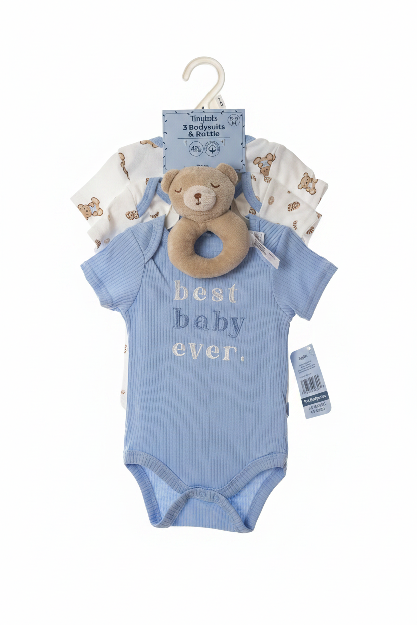 Set 3 mamelucos bebe niño oso peluche apego blanco azul Tinytots DA349-BL