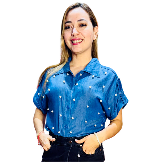 Camisa blusa dama azul jeans oscuro perlas CTD1188-7 590490