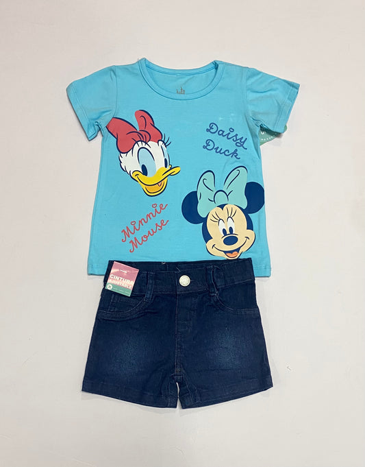 Set conjunto 2 piezas niña minnie camisa azul celeste short azul oscuro D9-MI-1400B