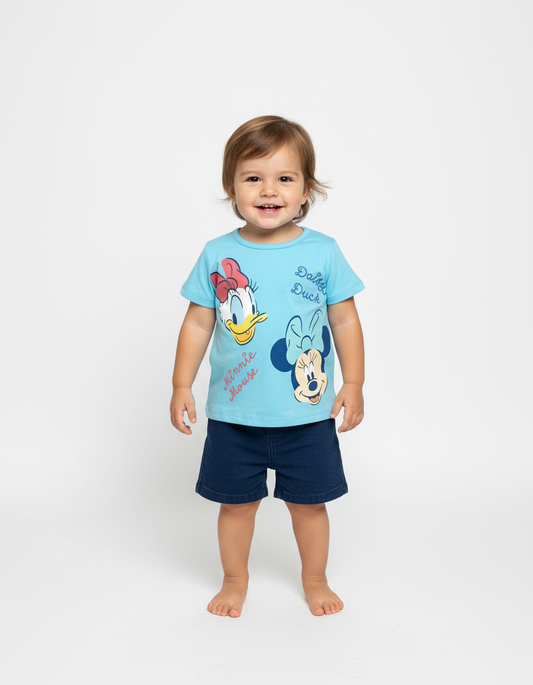 Set conjunto 2 piezas bebe niña minnie camisa azul celeste short azul oscuro D9-MI-1400B promo 2x1000