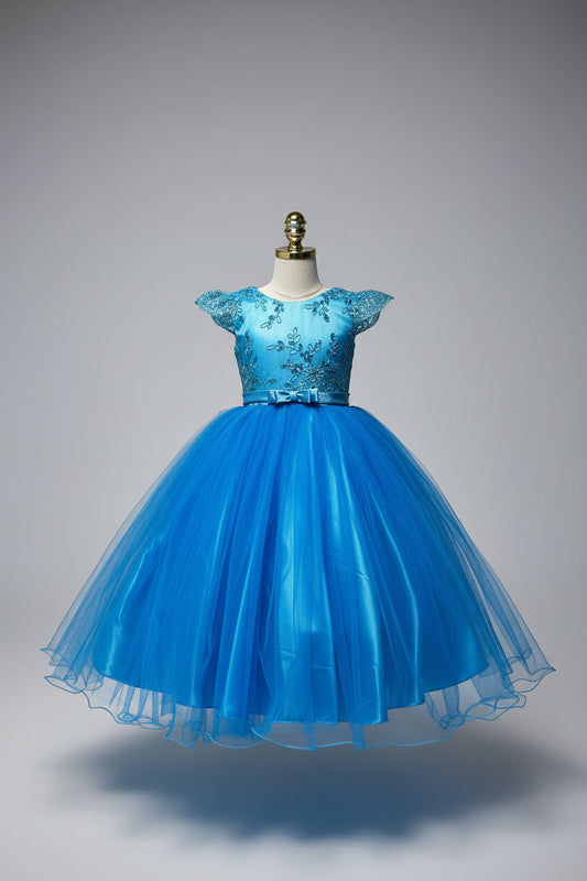 Vestido azul zafiro evento gala con manga Princesa Royal