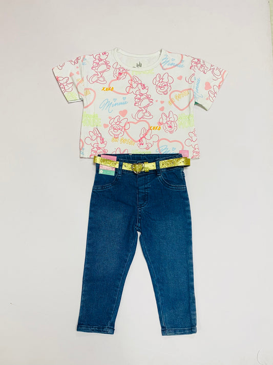 Set conjunto 2 piezas niña Minnie camisa blanca pantalón azul oscuro D9-MI-1324B