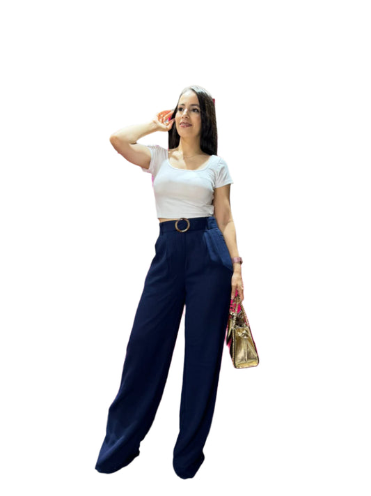 Pantalon de tela mujer wide leg azul oscuro CPD1005-30 590490