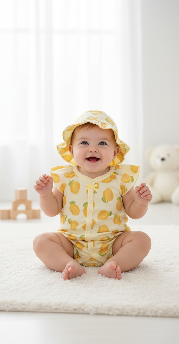 Set conjunto 2 piezas mameluco sombrero amarillo frutas bebe niña Tinytots S020187GB promo 3x1000