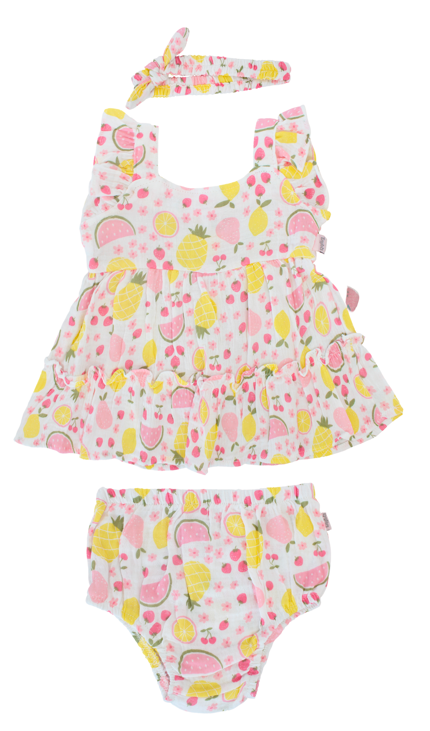 Set bebe 3 piezas vestido blanco frutas diadema blanca bebe niña Tinytots D95597TT